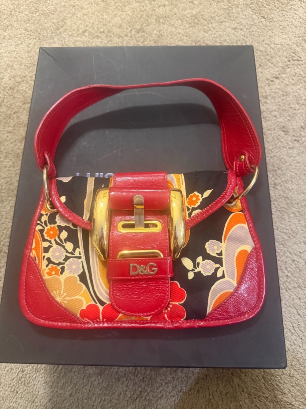 D&G Red Leather Shoulder Bag with Floral Multicolor Canvas